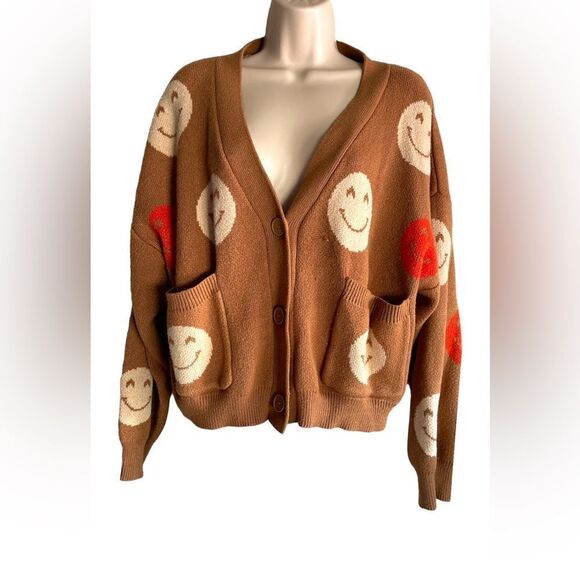 Forever 21 smiling face heavy thicker brown cardigan sweater - Picture 3 of 5